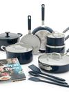 Bobby Flay by GreenPan 13-Piece Professional Nonstick Set and 5.5-Quart Enameled Dutch Oven with Bobby at Home Cookbook | Oxford Blue