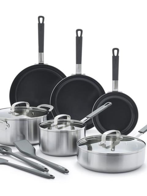 Bobby Flay by GreenPan Stainless Steel Uncoated & PFAS-Free Nonstick 12-Piece Cookware Set