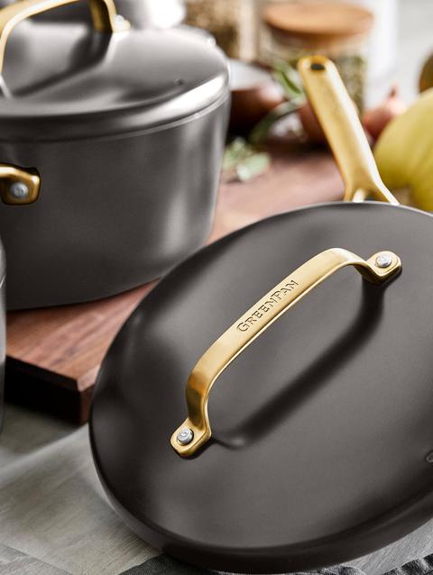 GreenPan GP5 Colors Ceramic Nonstick 11-Piece Cookware Set with Champagne Handles | Cocoa