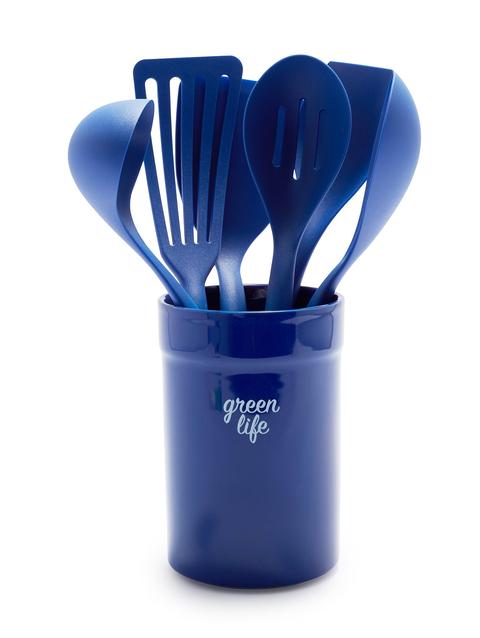 GreenPan GreenLife Nylon & Wood Cooking Utensils with Ceramic Crock, 7-Piece Set | Blue