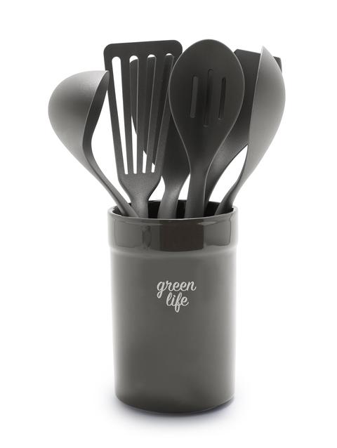 GreenPan GreenLife Nylon & Wood Cooking Utensils with Ceramic Crock, 7-Piece Set | Charcoal Gray