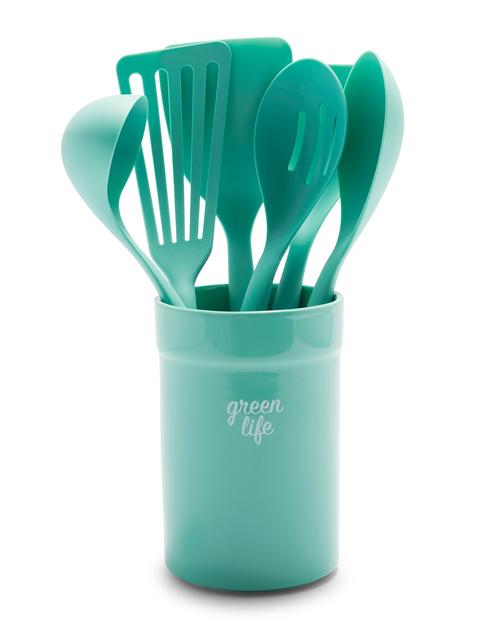 GreenPan GreenLife Nylon & Wood Cooking Utensils with Ceramic Crock, 7-Piece Set | Turquoise