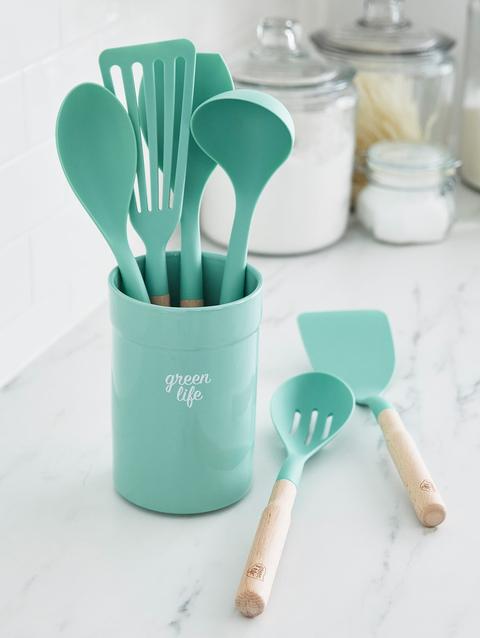 GreenPan GreenLife Nylon & Wood Cooking Utensils with Ceramic Crock, 7-Piece Set | Turquoise