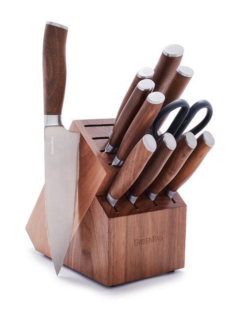 GreenPan Premiere Titanium Cutlery 12-Piece Knife Block Set with Walnut Handles