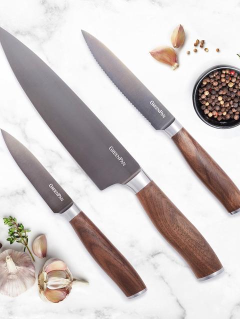 GreenPan Premiere Titanium Cutlery 3-Piece Knife Set with Walnut Handles