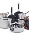 GreenPan Stanley Tucci™ Stainless Steel Ceramic Nonstick 11-Piece Cookware Set with The Tucci Cookbook | Black Handles