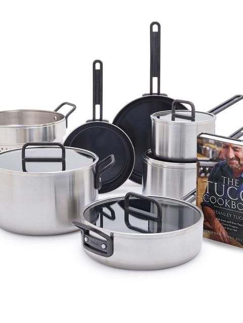 GreenPan Stanley Tucci™ Stainless Steel Ceramic Nonstick 11-Piece Cookware Set with The Tucci Cookbook | Black Handles