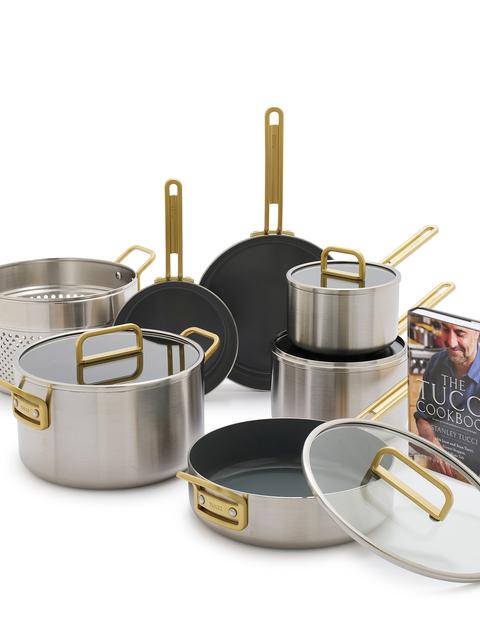 GreenPan Stanley Tucci™ Stainless Steel Ceramic Nonstick 11-Piece Cookware Set with The Tucci Cookbook | Champagne Handles