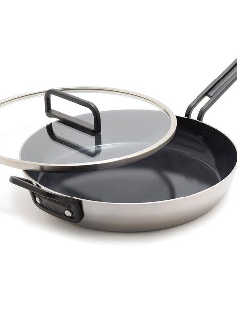 GreenPan Stanley Tucci™ Stainless Steel Ceramic Nonstick 12" Frypan with Lid | Black Handle