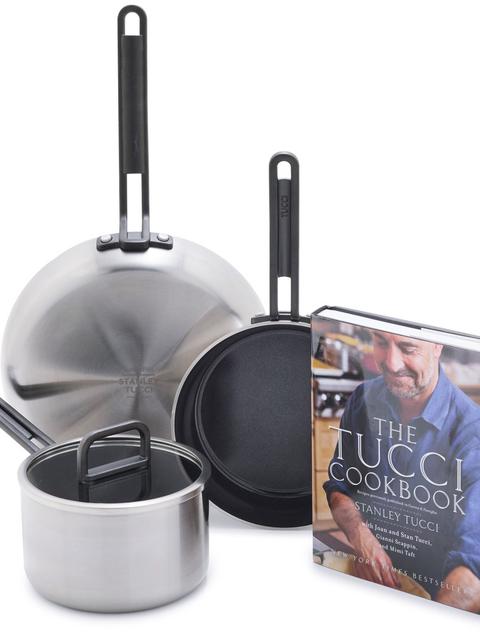 GreenPan Stanley Tucci™ Stainless Steel Ceramic Nonstick 4-Piece Essentials Cookware Set with The Tucci Cookbook | Black Handles