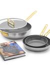 GreenPan Stanley Tucci™ Stainless Steel Ceramic Nonstick 4-Piece Essentials Cookware Set with The Tucci Cookbook | Champagne Handles