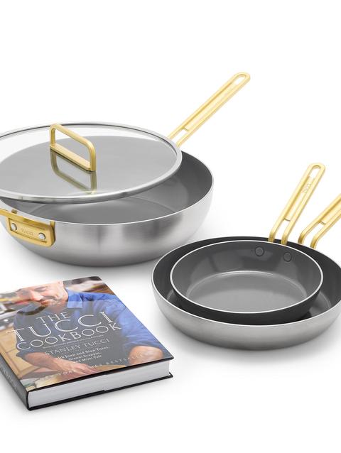 GreenPan Stanley Tucci™ Stainless Steel Ceramic Nonstick 4-Piece Essentials Cookware Set with The Tucci Cookbook | Champagne Handles