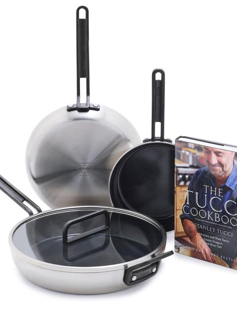 GreenPan Stanley Tucci™ Stainless Steel Ceramic Nonstick 4-Piece Frypan Set with The Tucci Cookbook | Black Handles