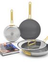 GreenPan Stanley Tucci™ Stainless Steel Ceramic Nonstick 4-Piece Frypan Set with The Tucci Cookbook | Champagne Handles