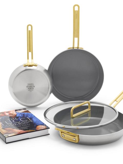 GreenPan Stanley Tucci™ Stainless Steel Ceramic Nonstick 4-Piece Frypan Set with The Tucci Cookbook | Champagne Handles