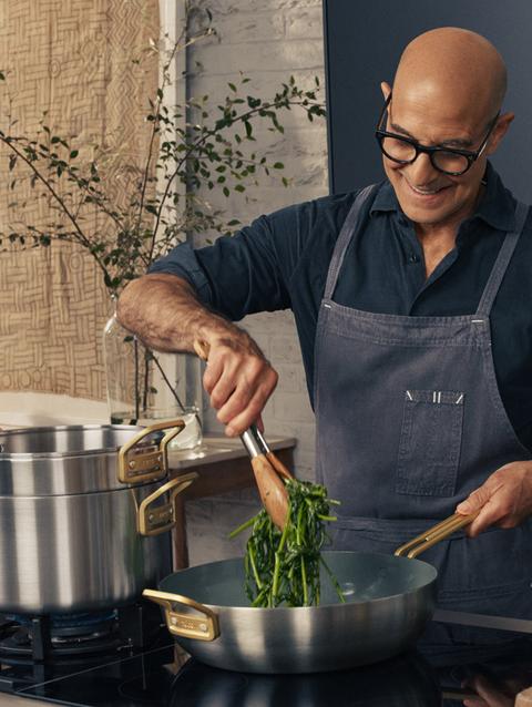 GreenPan Stanley Tucci™ Stainless Steel Ceramic Nonstick 6.5-Quart Essential Stanley Pan with Lid | Champagne Handle